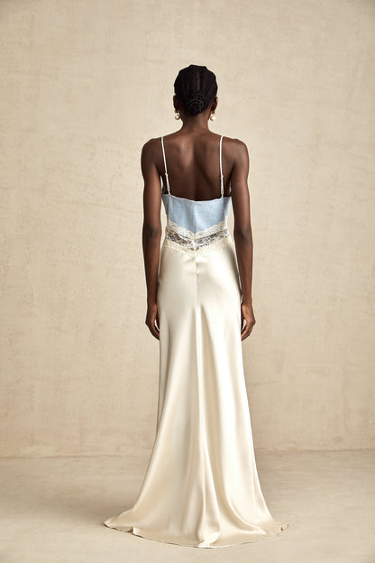 Lisette lace-trim panelled maxi dress in white