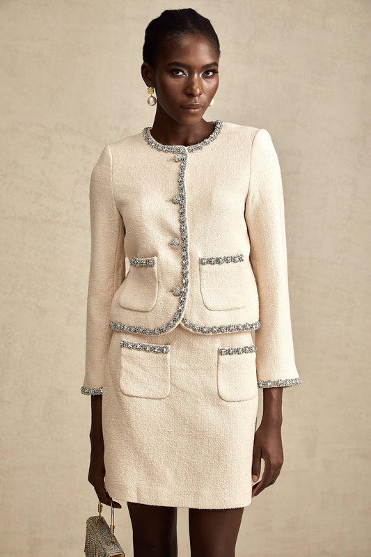 Elisabeth beige crystal tweed cardigan & skirt matching set