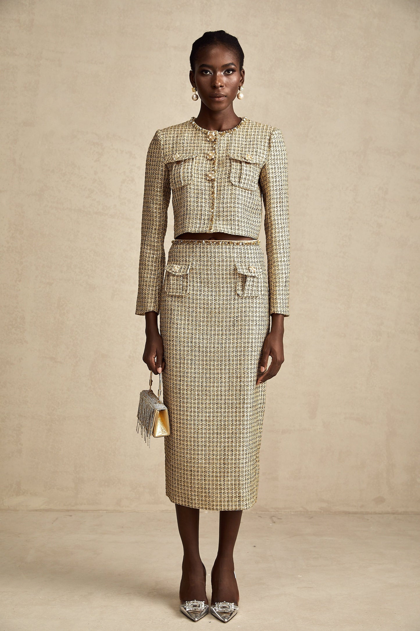 Aëlle gold tweed sequin jacket & skirt matching set