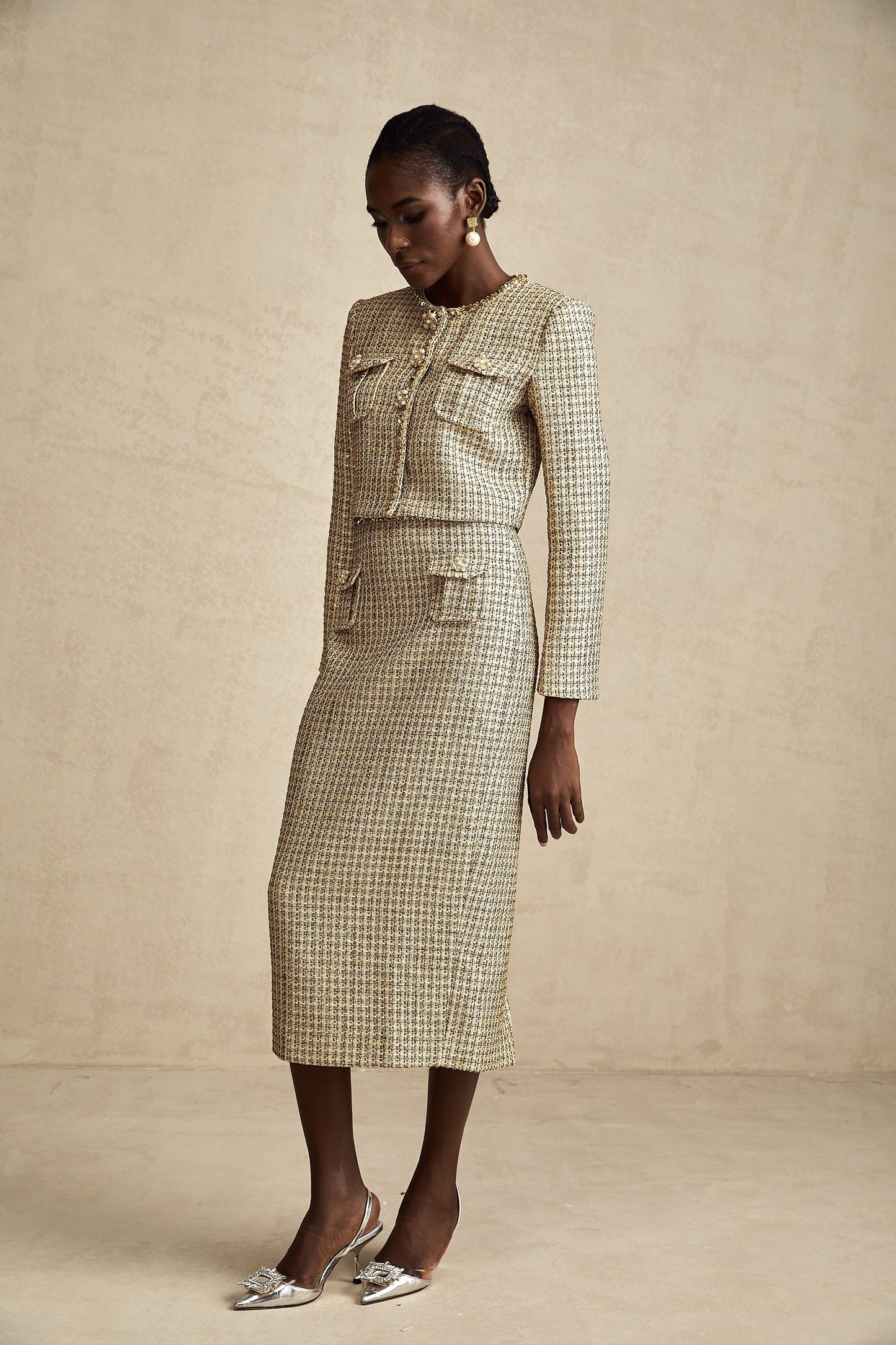Aëlle gold tweed sequin jacket & skirt matching set