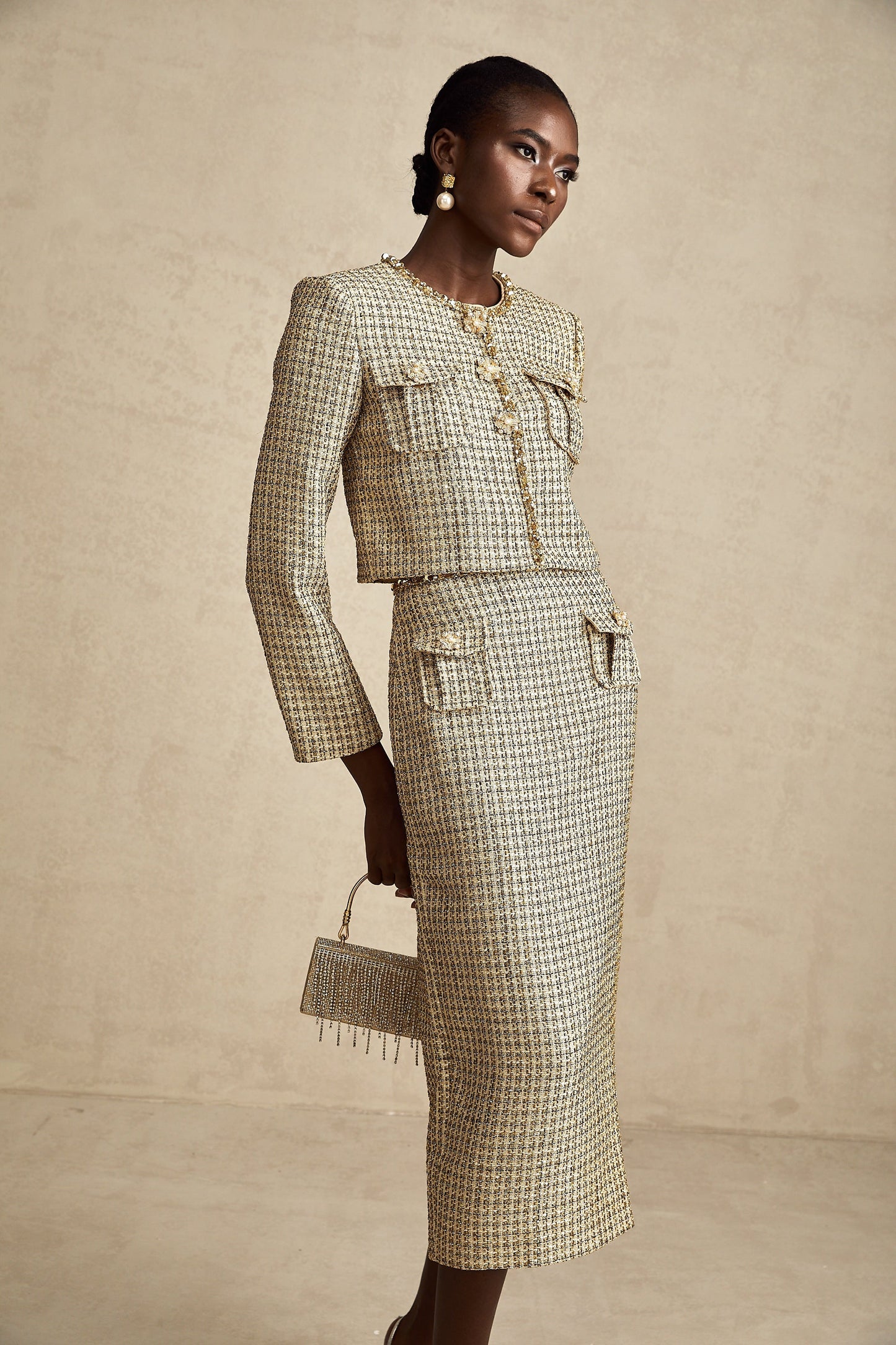 Aëlle gold tweed sequin jacket & skirt matching set