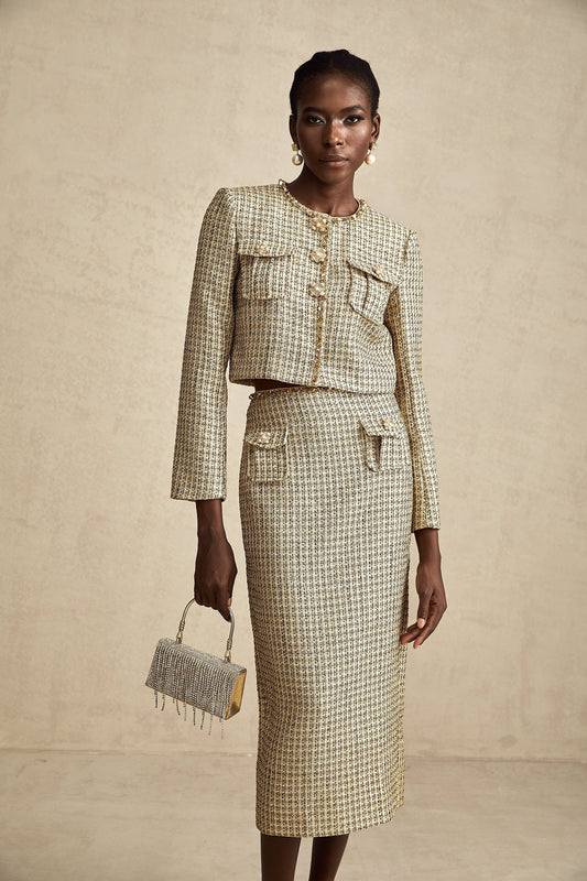 Aëlle gold tweed sequin jacket & skirt matching set