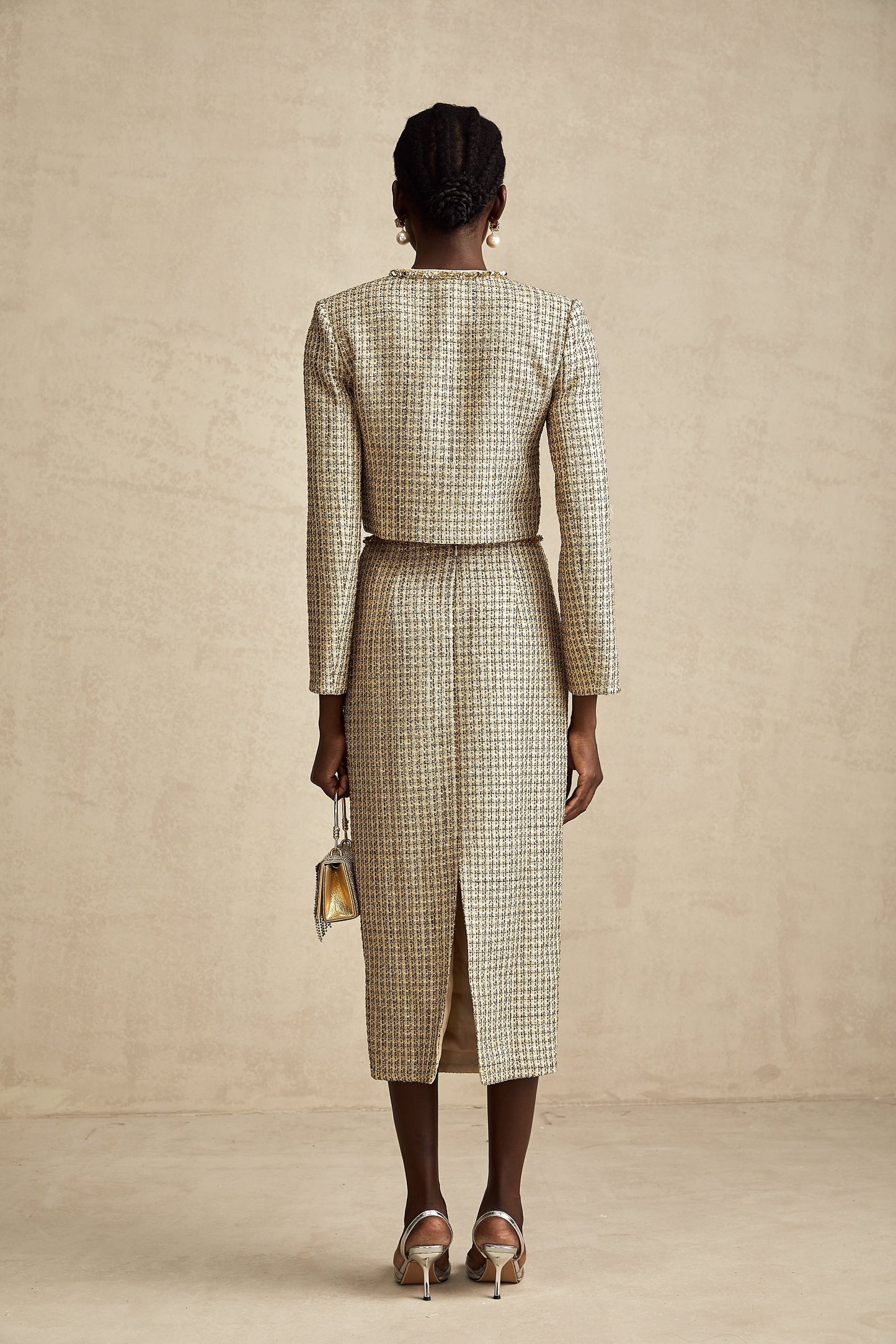 Aëlle gold tweed sequin jacket & skirt matching set