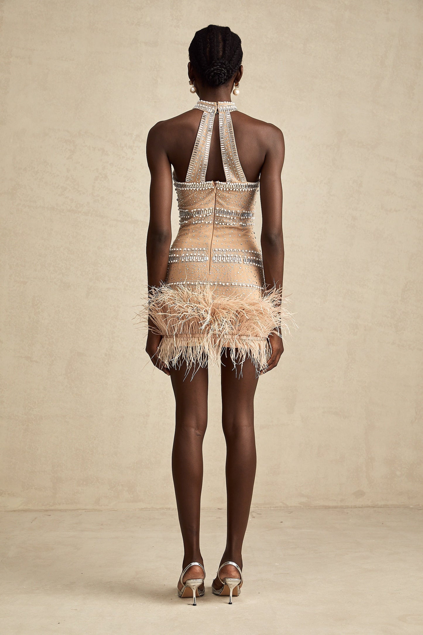 Madeleine crystal-embellished feather-trim mini dress