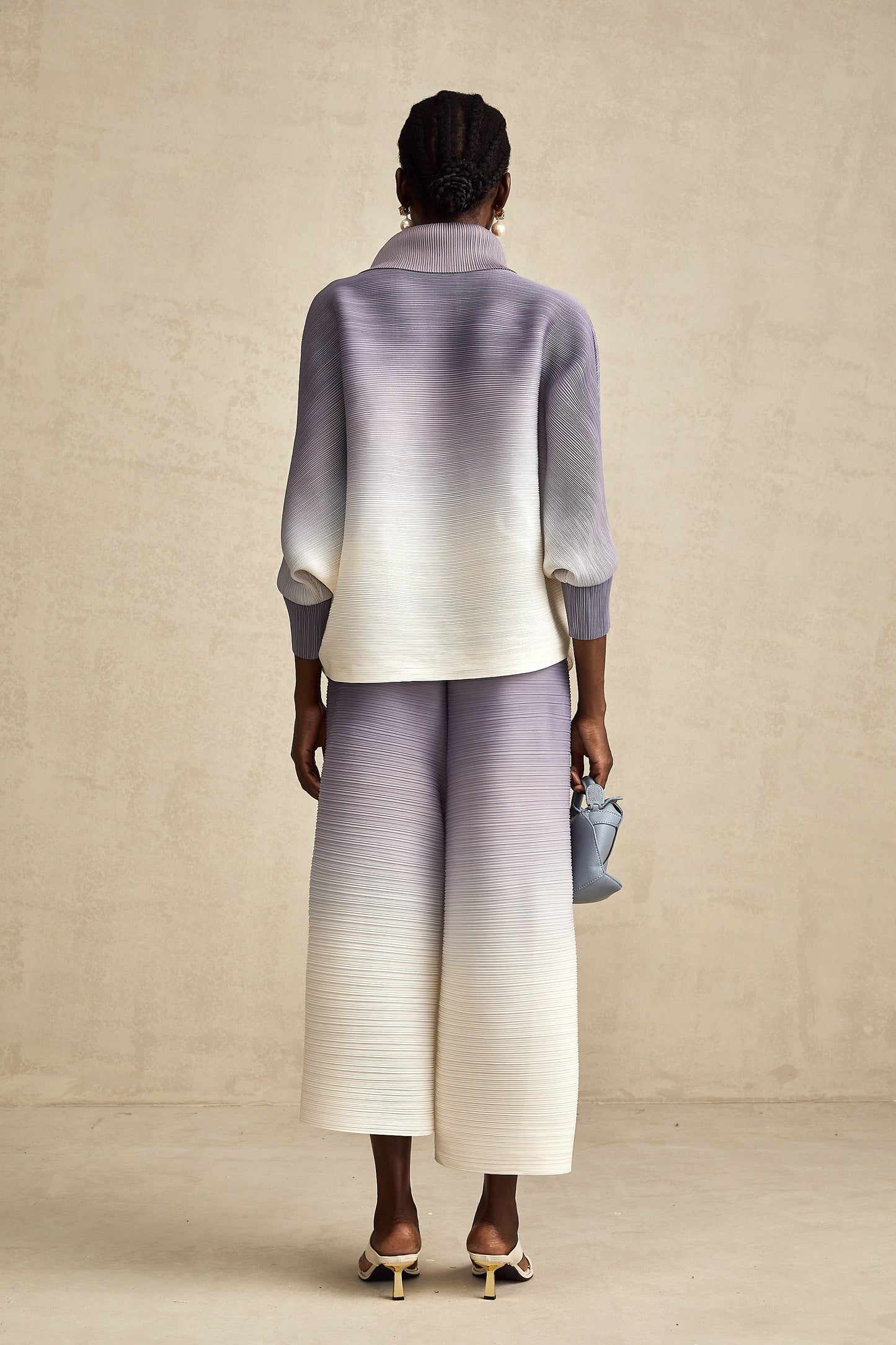 Agathe purple gradient wrinkled blouse & trousers matching set