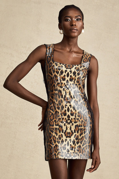 Fleur brown leopard-print lace sequinned mini dress