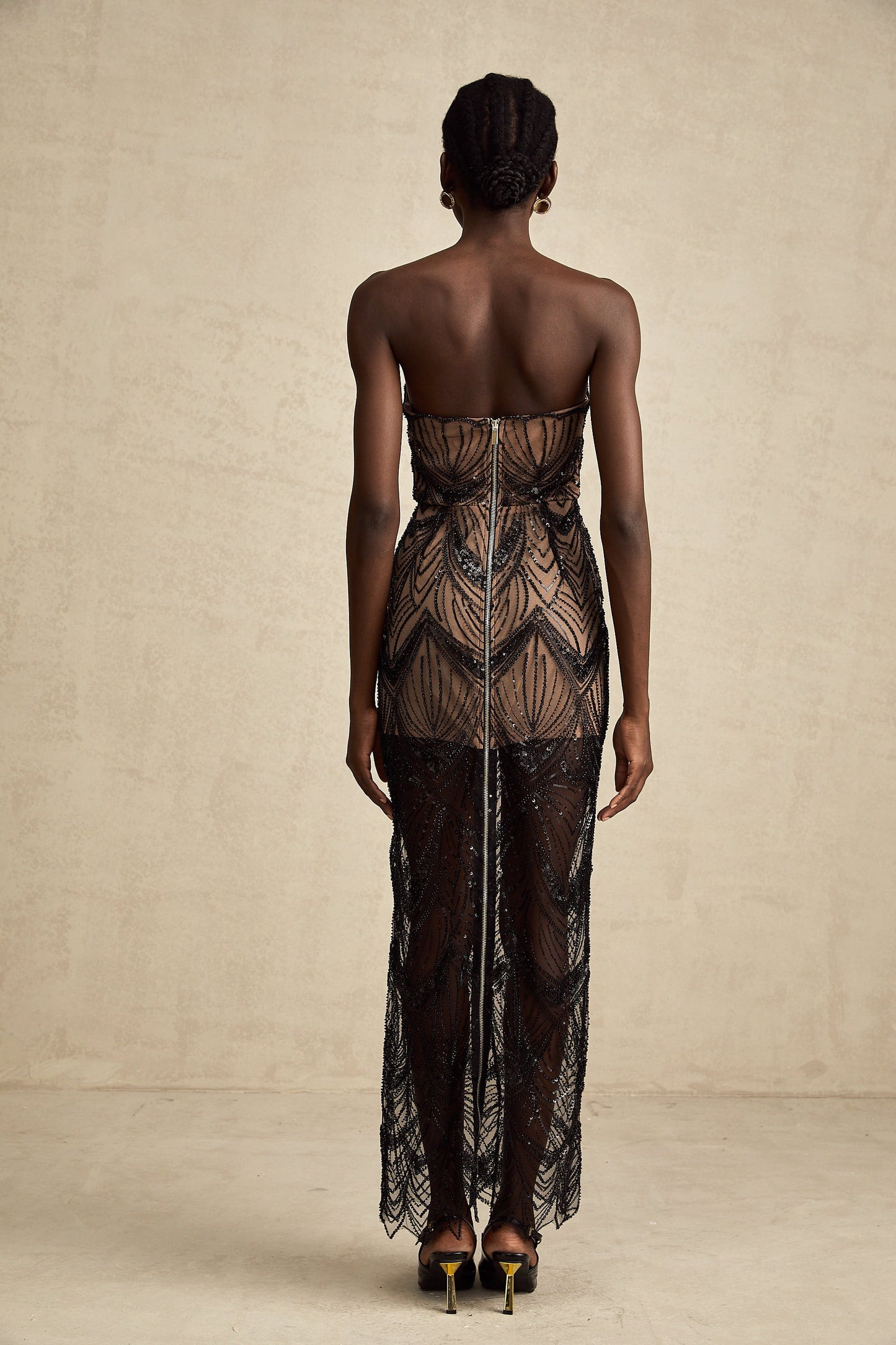 Frédérique black sequinned corset mesh maxi dress