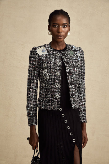 Justine black frayed-edge checked tweed jacket