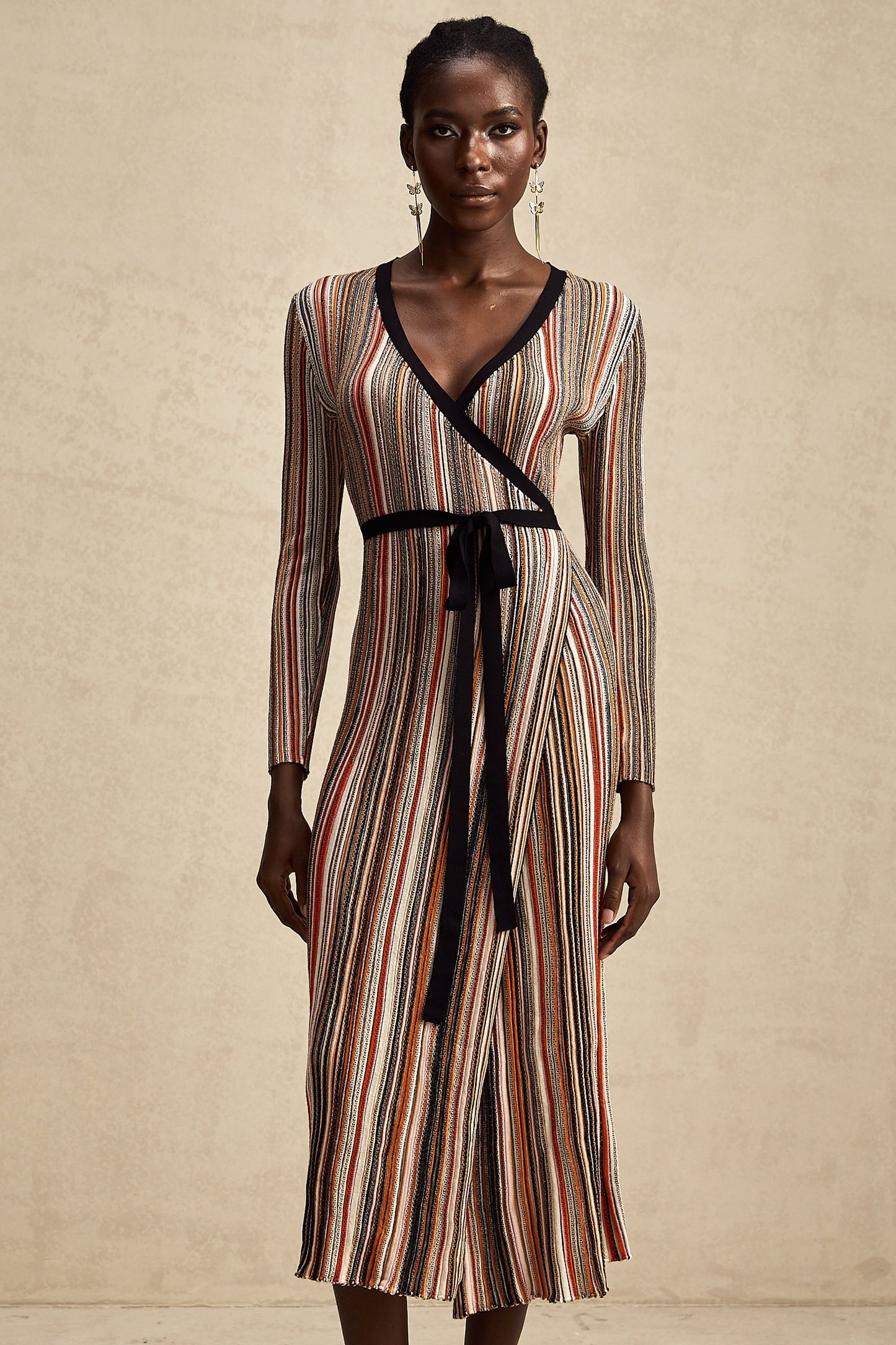 Adèle stripe wrap-design metallic midi dress