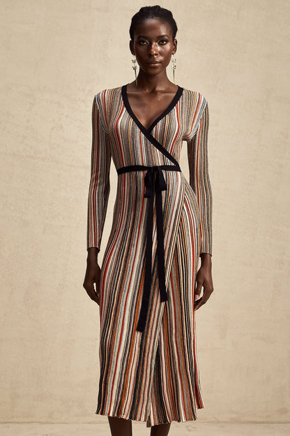 Adèle stripe wrap-design metallic midi dress