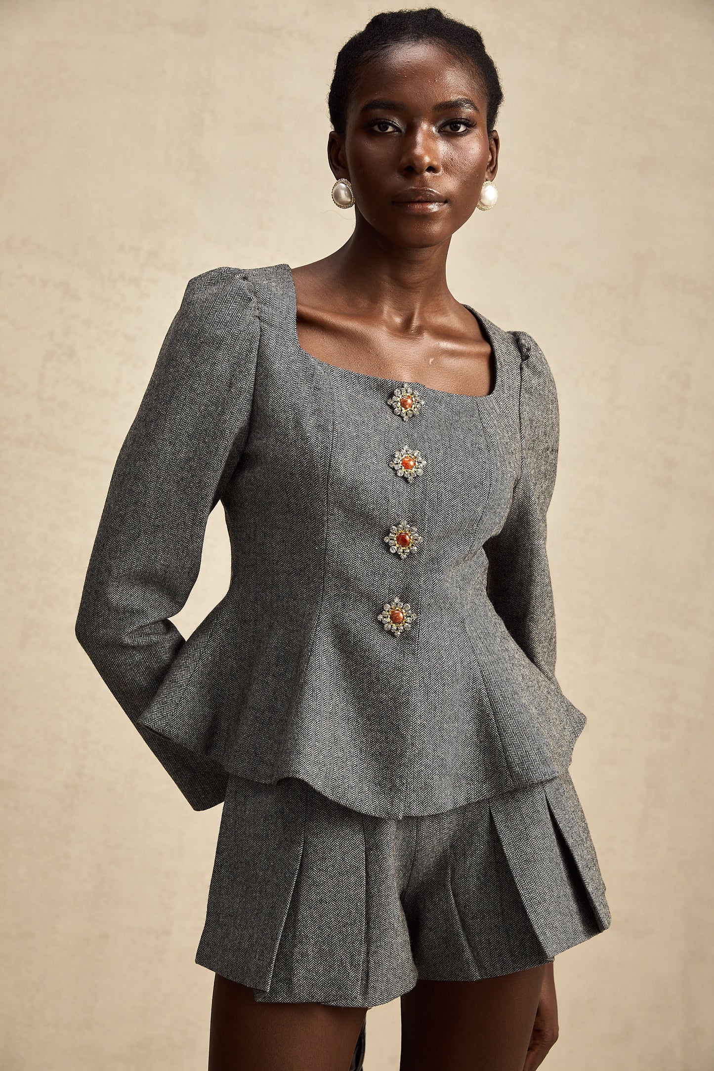 Agathe grey herringbone top & shorts matching set