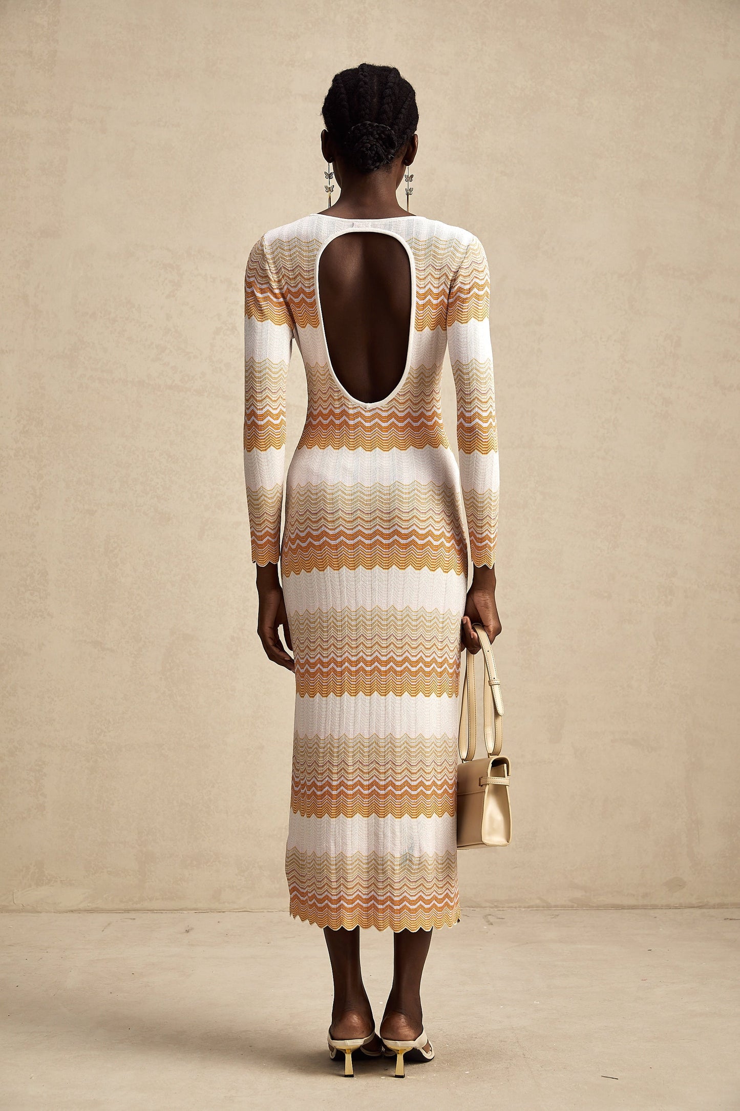 Alizée orange stripe-pattern metallic midi dress