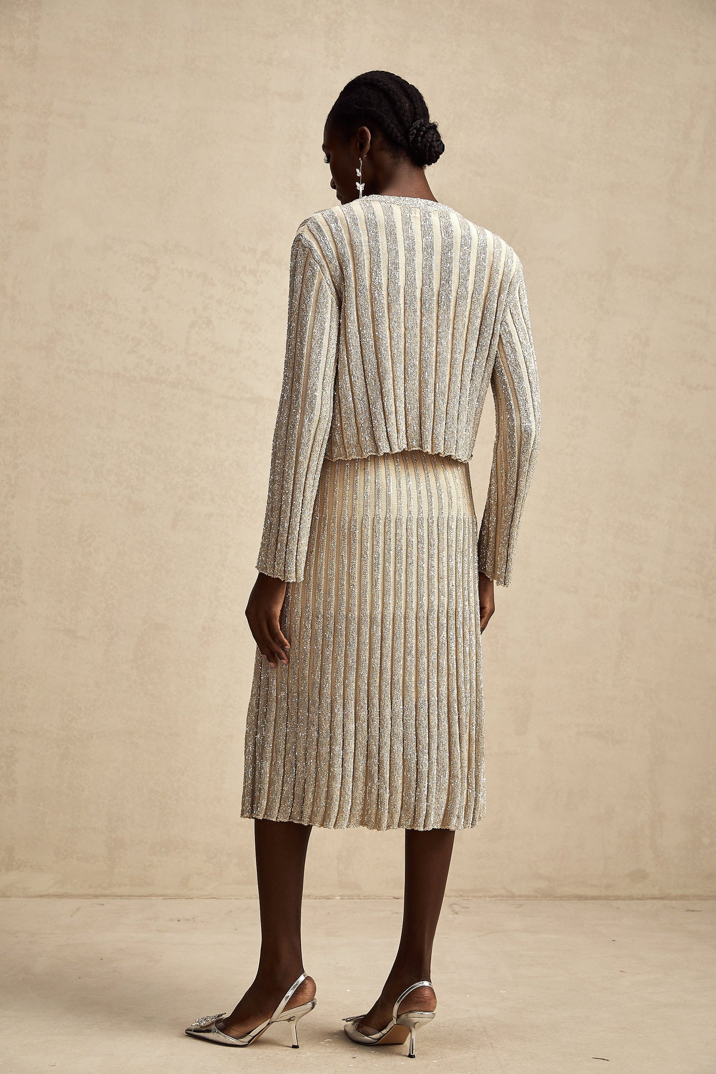 Aurore champagne stripe knit top & skirt matching set