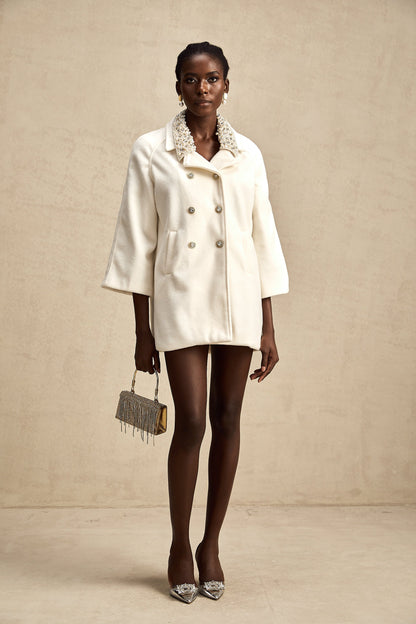 Fabienne white embellished woolen coat