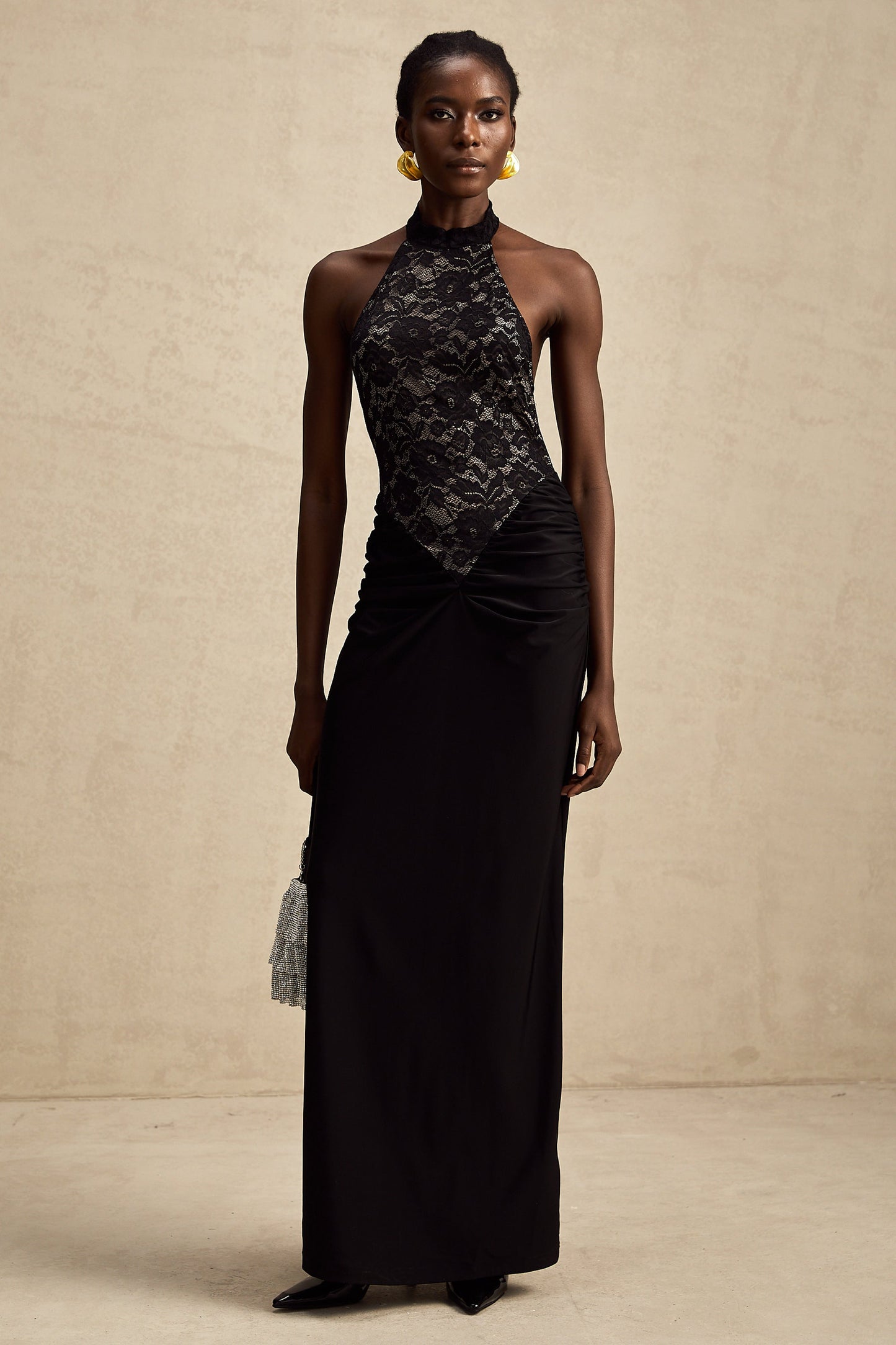 Camille black halterneck floral-lace maxi dress