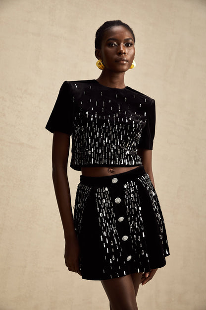 Isabeau black velvet embellished top & skirt matching set