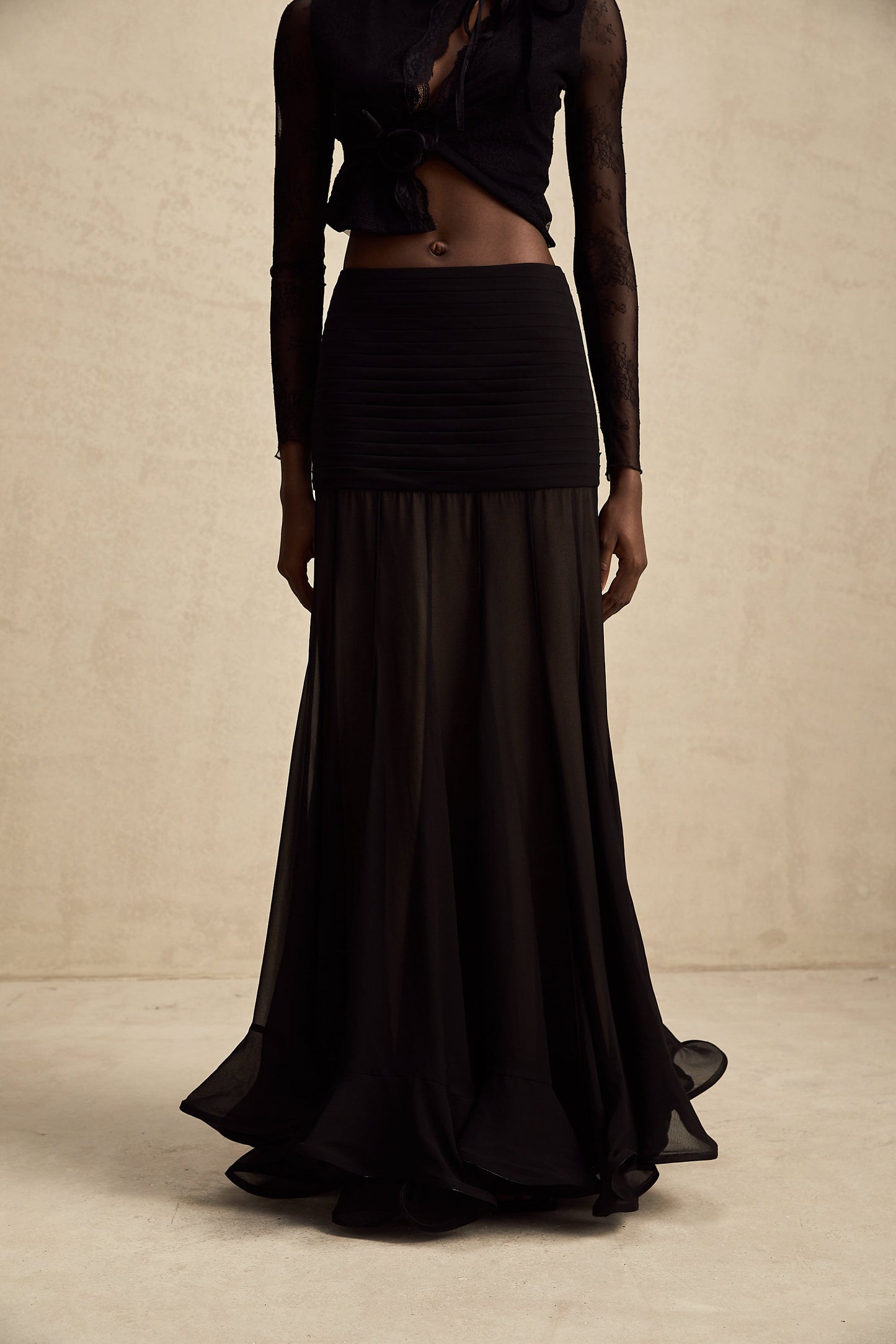 Jacqueline rayon ruffle pleated tulle maxi skirt