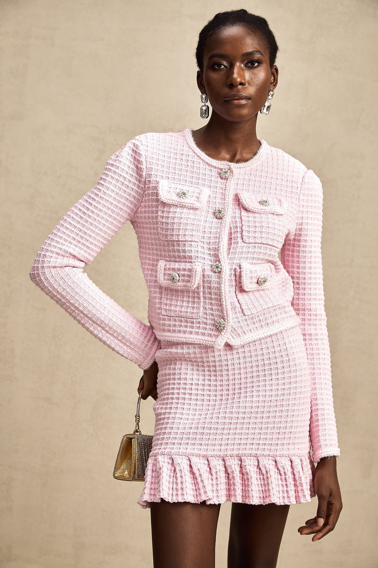 Fabienne pink waffle-knit jacket & skirt matching set