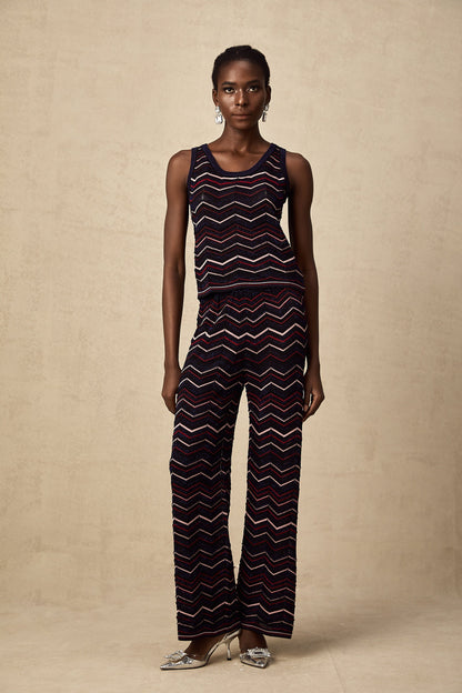 Emmanuelle zigzag-woven crochet-knit top & trousers matching set