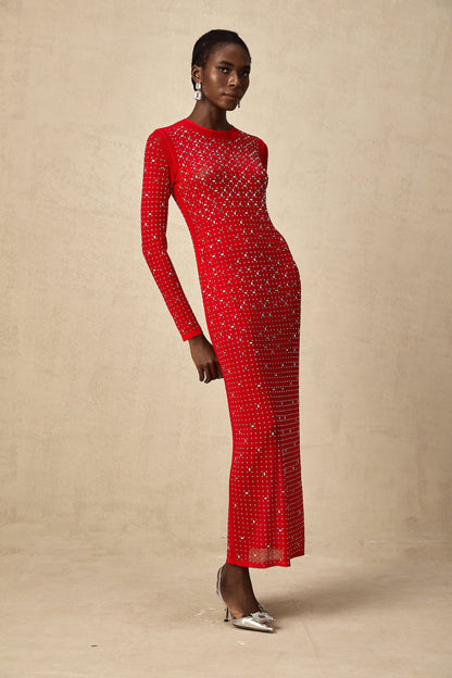Ghislaine red rhinestone tulle maxi dress
