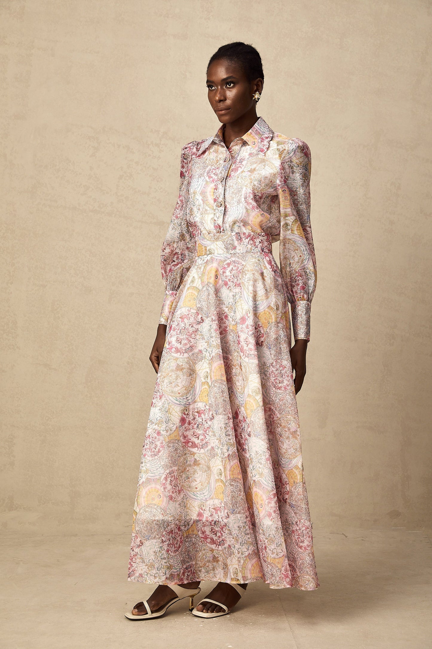 Cherry pink pattern-print shirt & skirt matching set