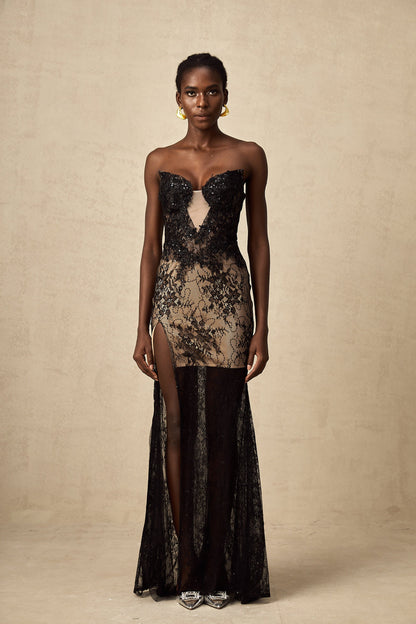 Giselle floral-embroidered lace corset maxi dress