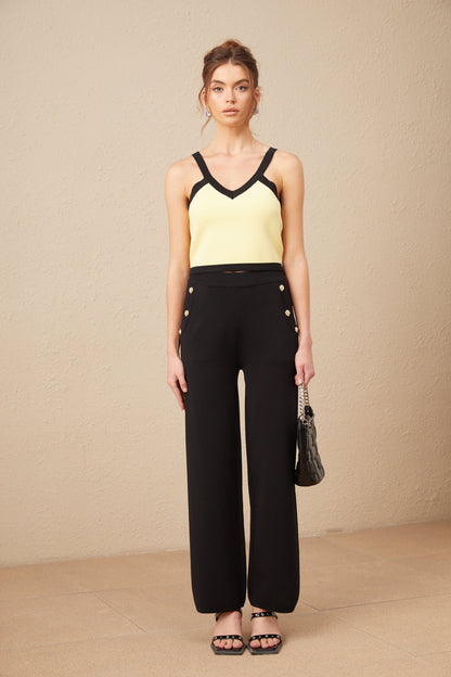 Eloise contrasting-trim knit cardigan & vest & trousers matching set