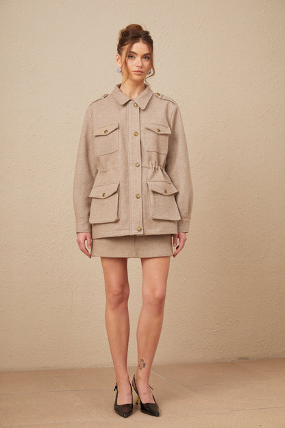 Clarisse khaki wool twill jacket & culottes matching set