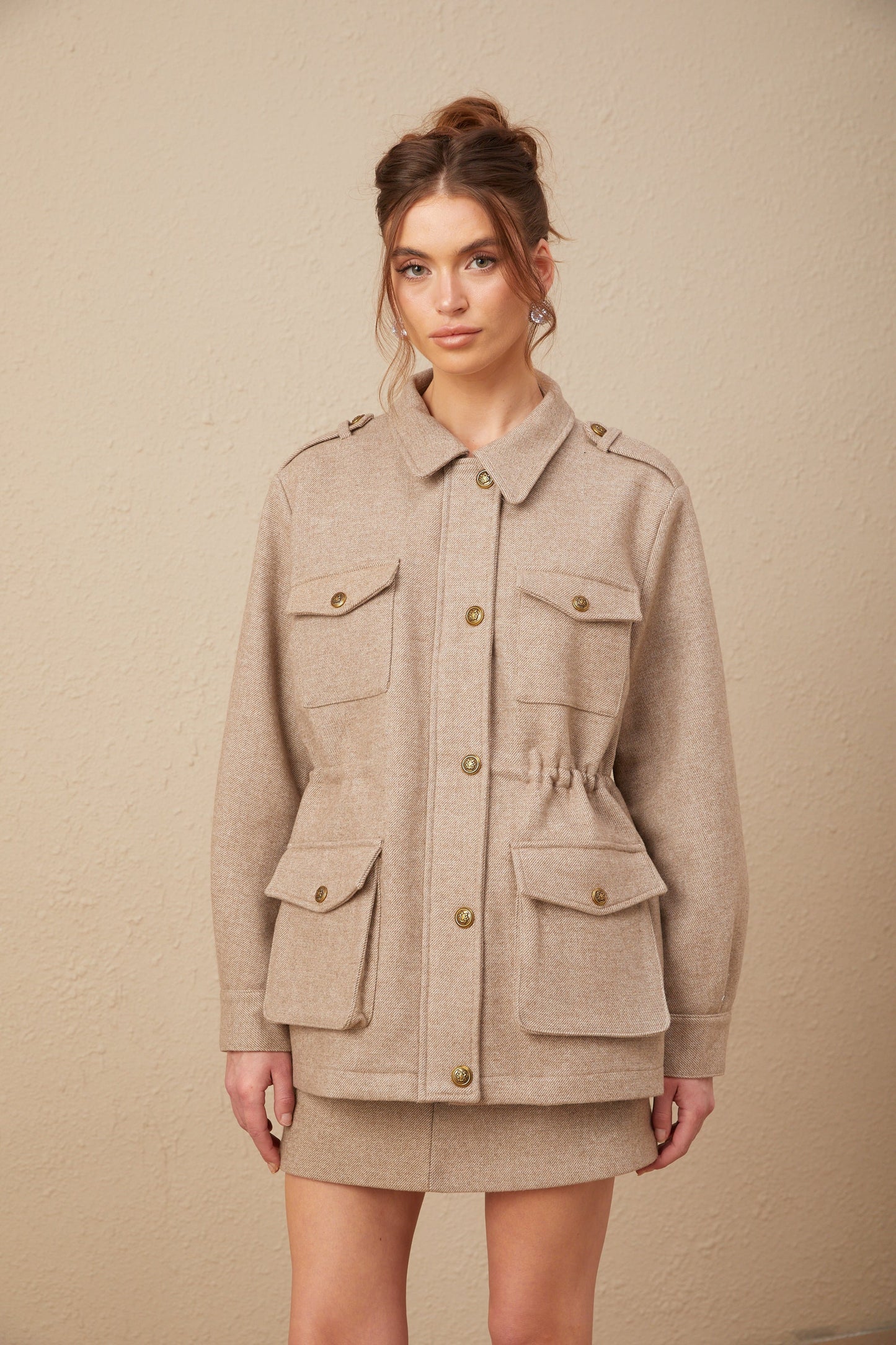 Clarisse khaki wool twill jacket & culottes matching set
