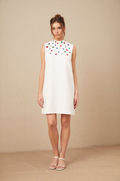 Élise white crystal oversized-bow sleeveless mini dress