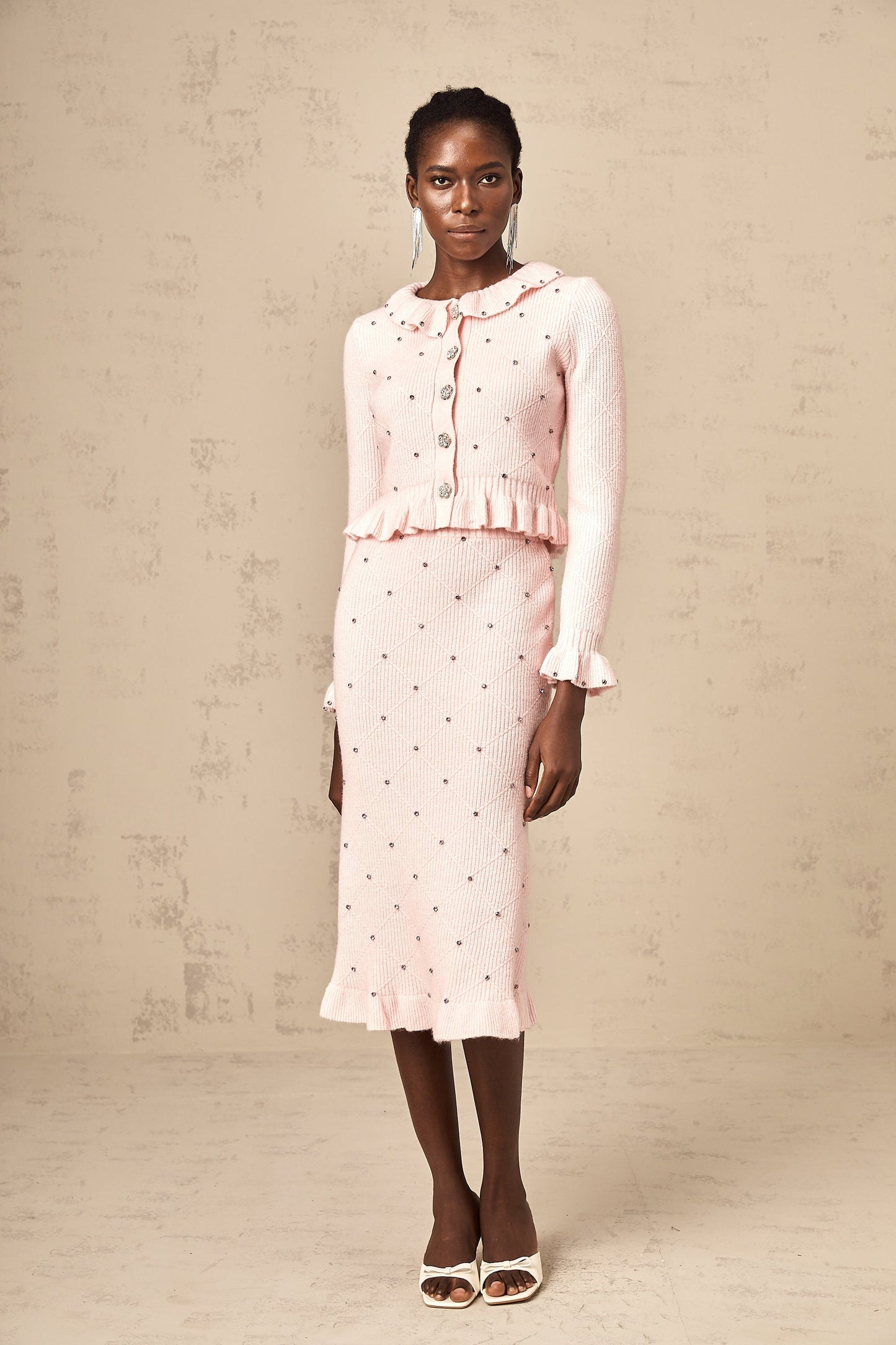Julia pink argyle-check knitted cardigan & skirt matching set