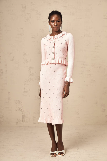 Julia pink argyle-check knitted cardigan & skirt matching set