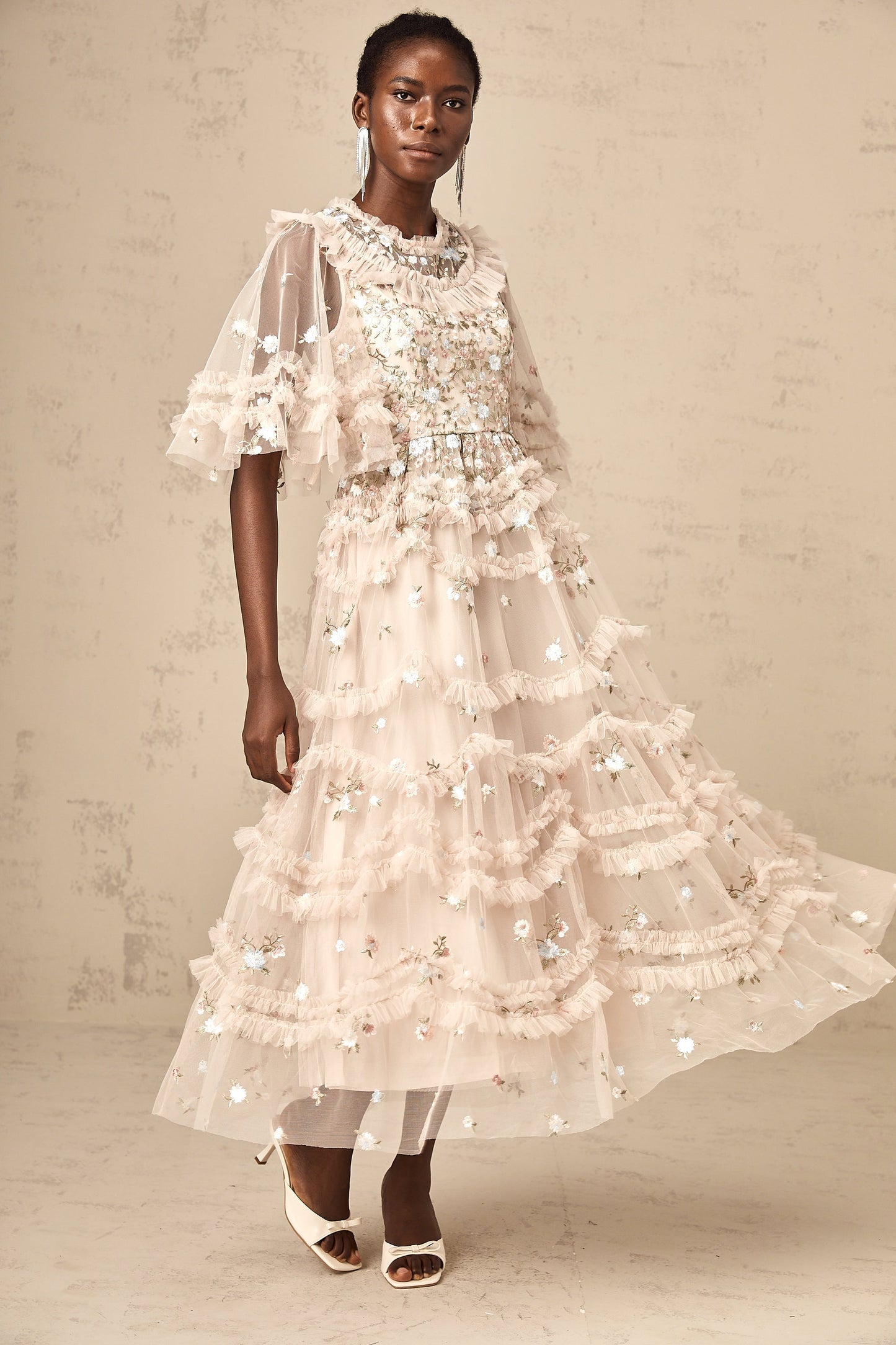 Kévina floral-embroidery tiered ruffled midi dress