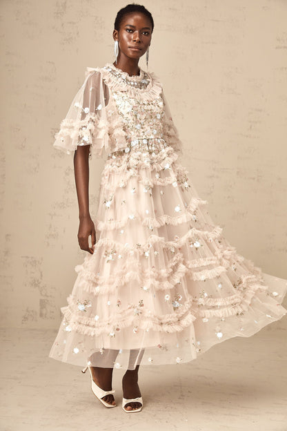 Kévina floral-embroidery tiered ruffled midi dress