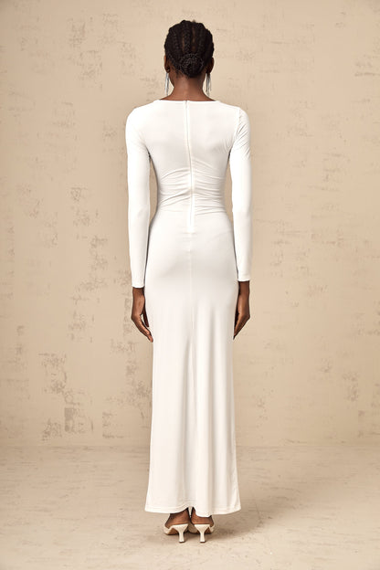 Elena white ribbon twist-detail ruched maxi dress