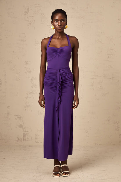 Renata purple halterneck ruched midi dress