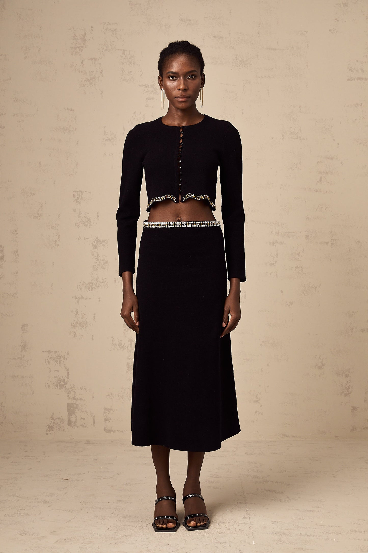 Magali black embellished knitted cardigan & skirt matching set