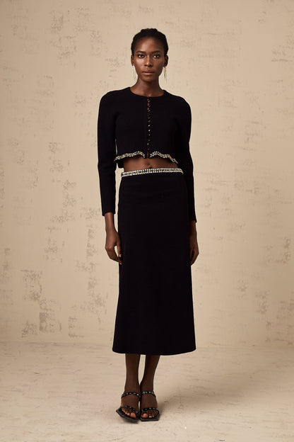 Magali black embellished knitted cardigan & skirt matching set