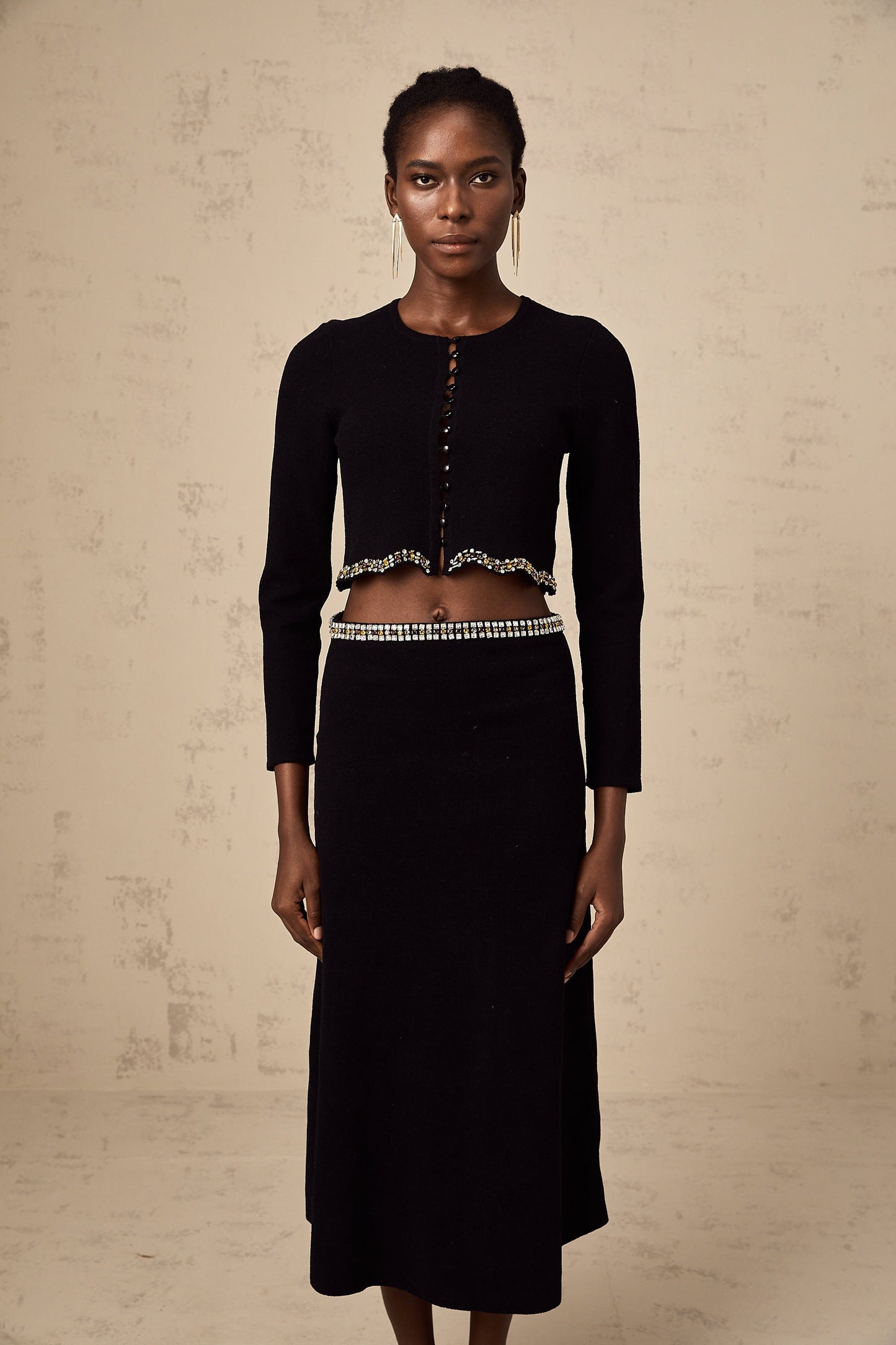 Magali black embellished knitted cardigan & skirt matching set