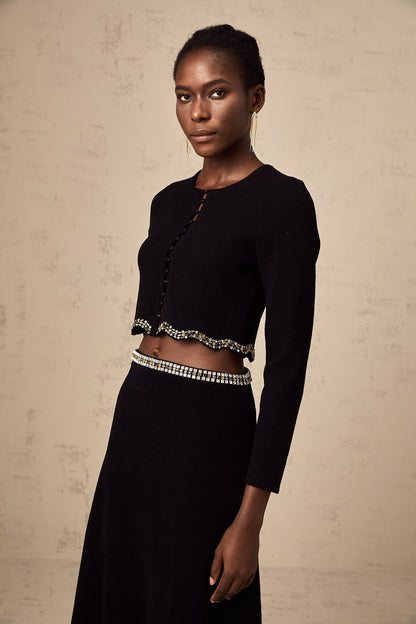 Magali black embellished knitted cardigan & skirt matching set