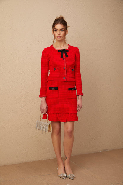 Cynthia red braided waffle-knit jacket & skirt matching set