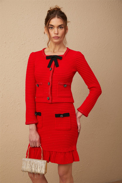 Cynthia red braided waffle-knit jacket & skirt matching set