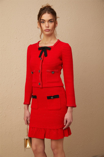 Cynthia red braided waffle-knit jacket & skirt matching set
