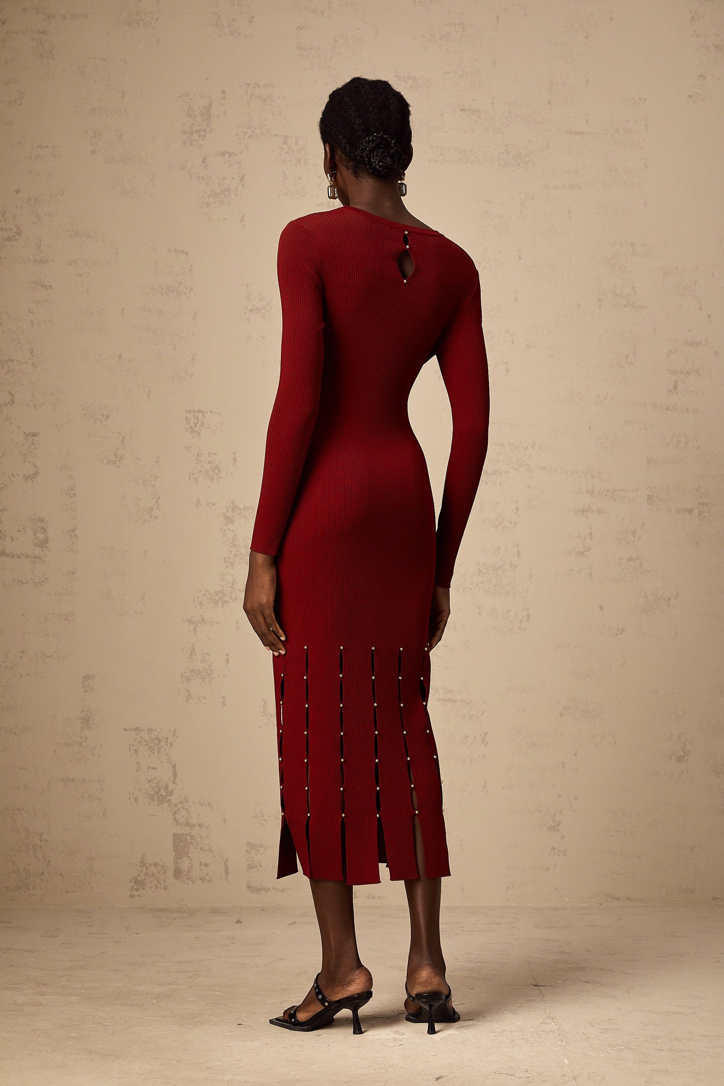 Hilaire red beaded long-sleeve cut-out knit midi dress