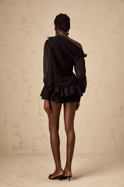 Andrea asymmetric tulle blouse & skirt matching set in Black