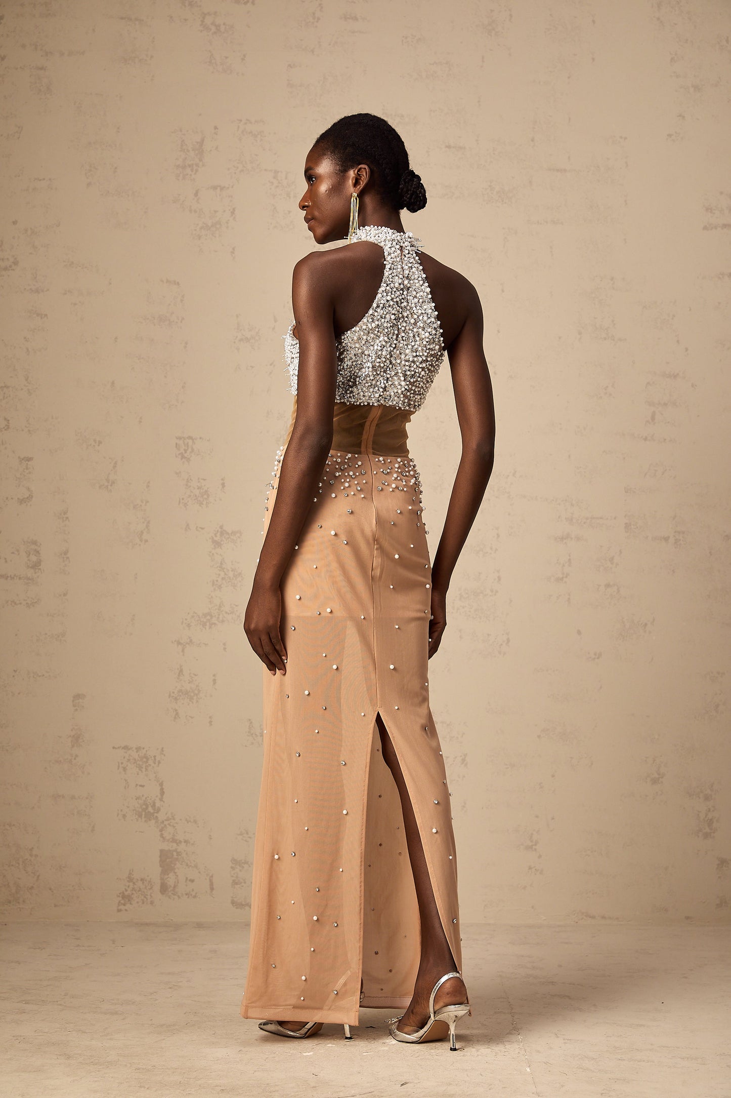 Rosa faux-pearl embellished semi-sheer maxi dress