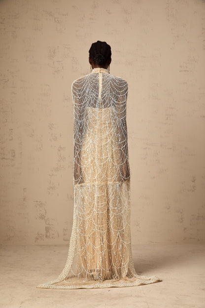 Frederica champagne beaded cape & gown matching set