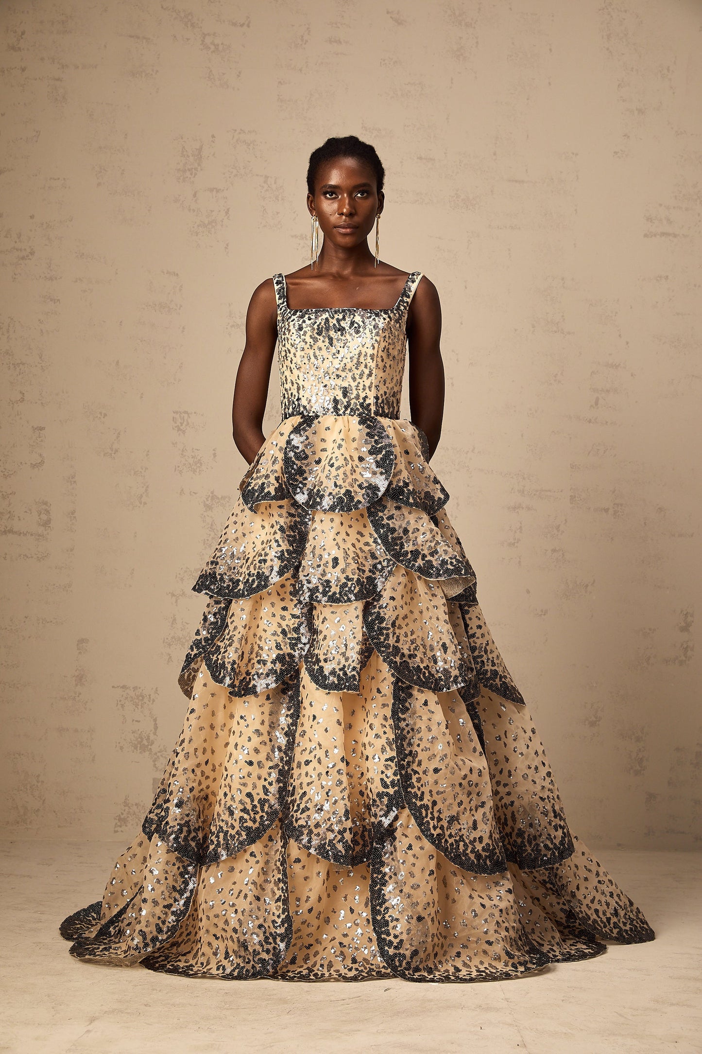 Flavie sequined petal tiered maxi dress
