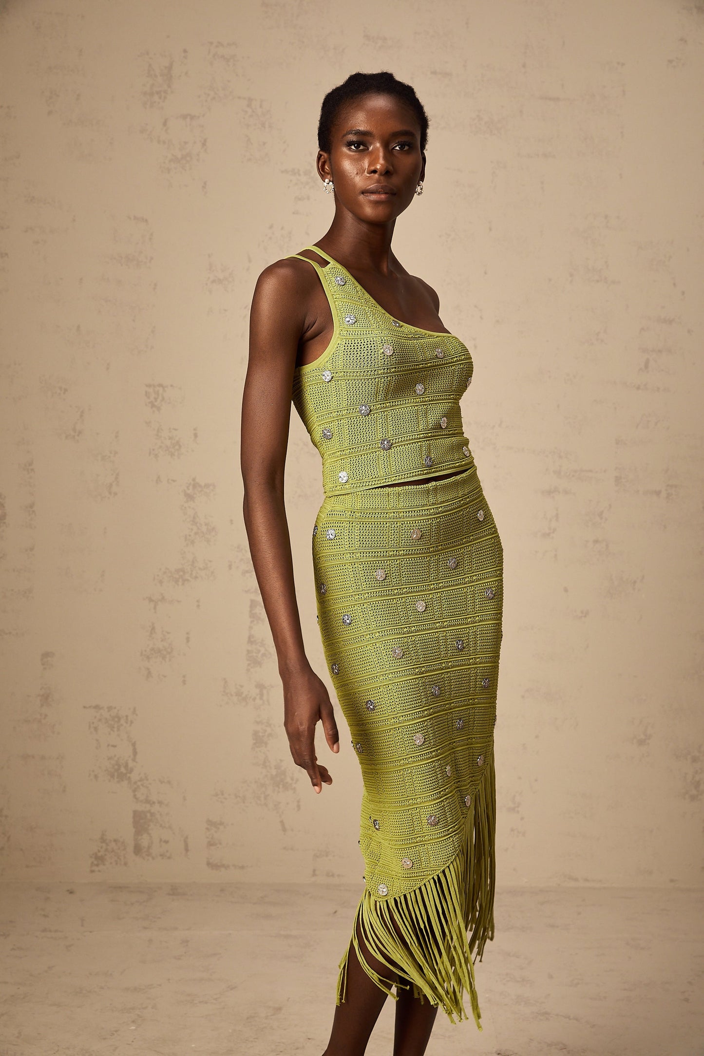 Annette green embellished knit top & skirt matching set