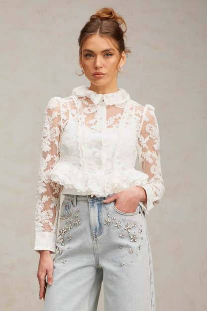 Karine white floral-embroidered lace blouse